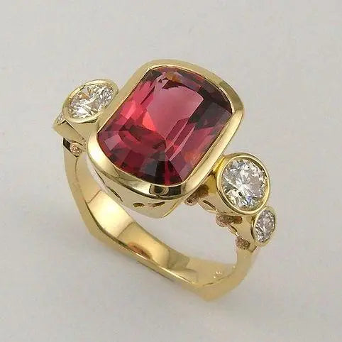 Anello in oro con zircone e vetro rosso vintage
