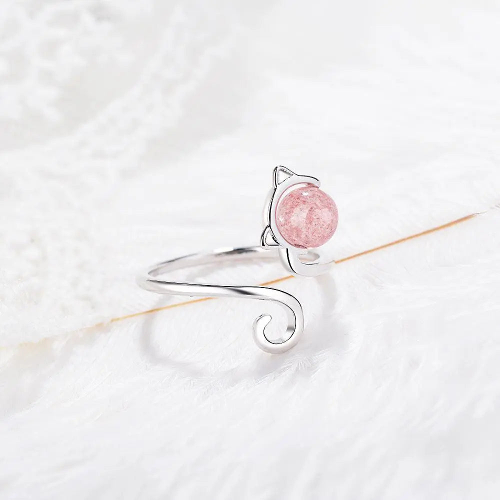 Anello Gatto in Argento 925 Sterling e Agata Rosa