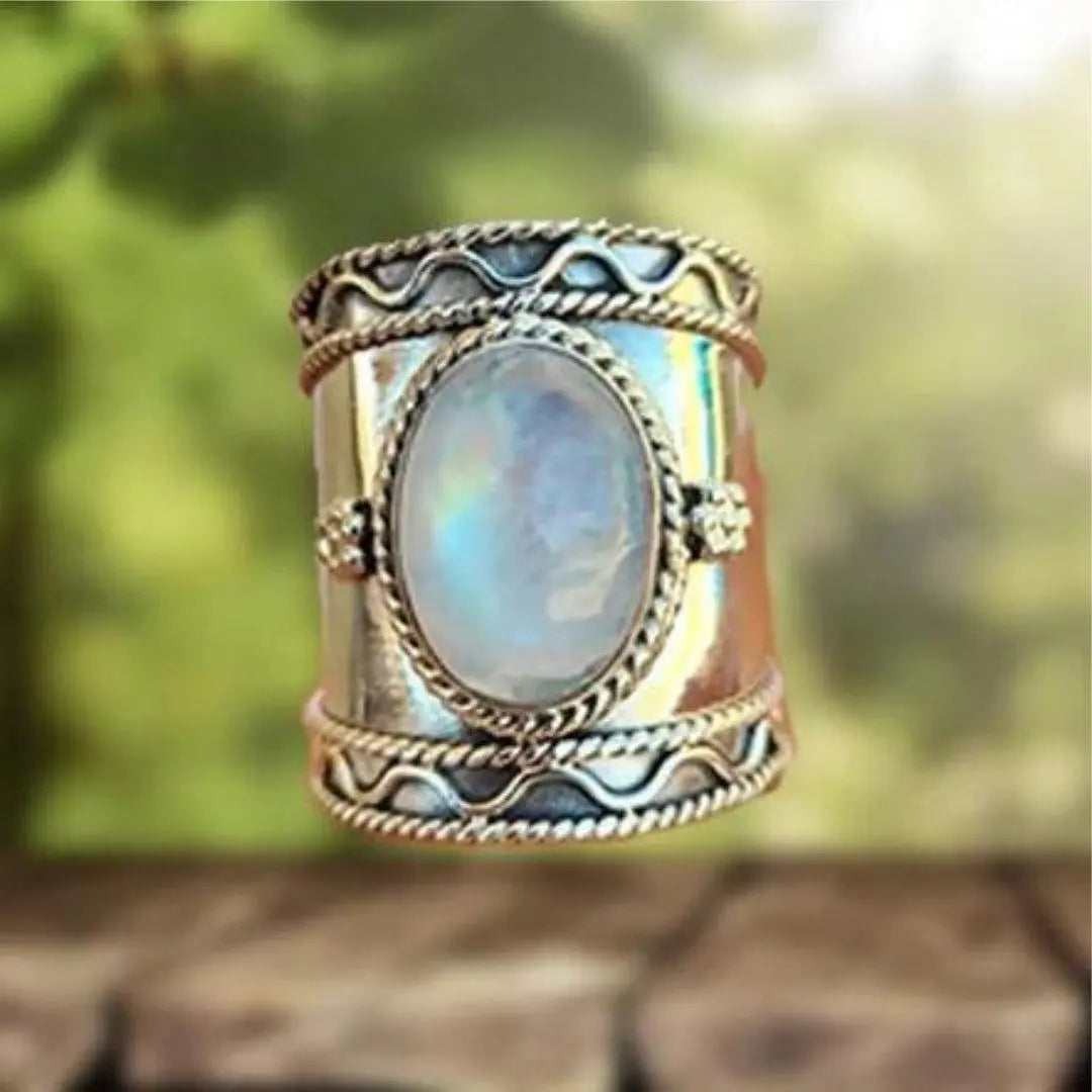 Anello in pietra di luna bohémien con banda larga