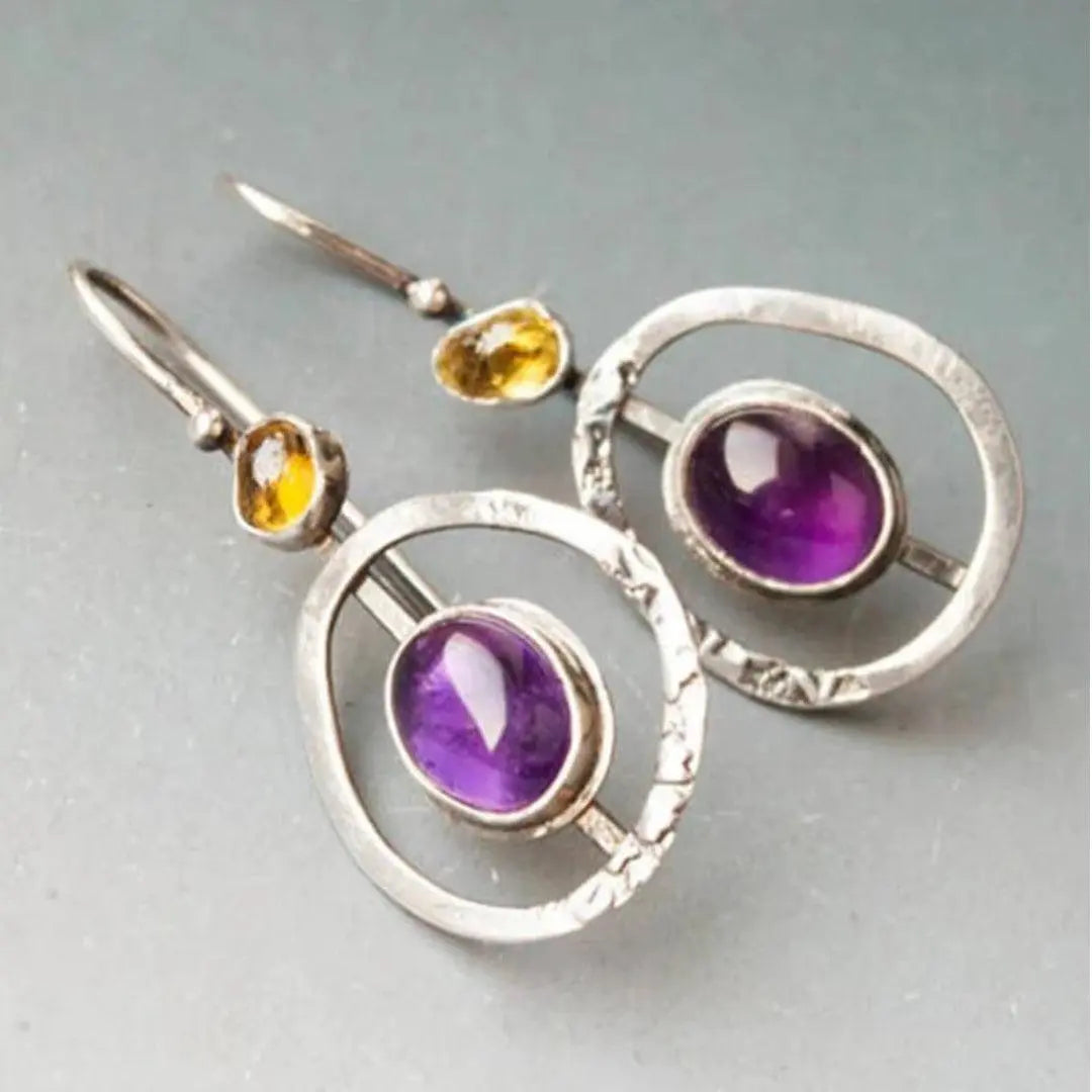 Orecchini boho rotondi con ametista in argento