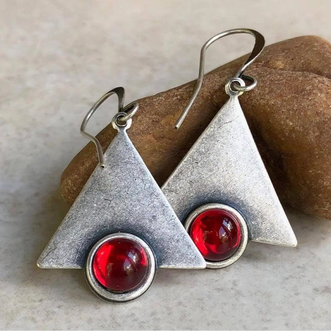 Orecchini a Triangolo Boho con Pietre Rosse in Argento Sterling