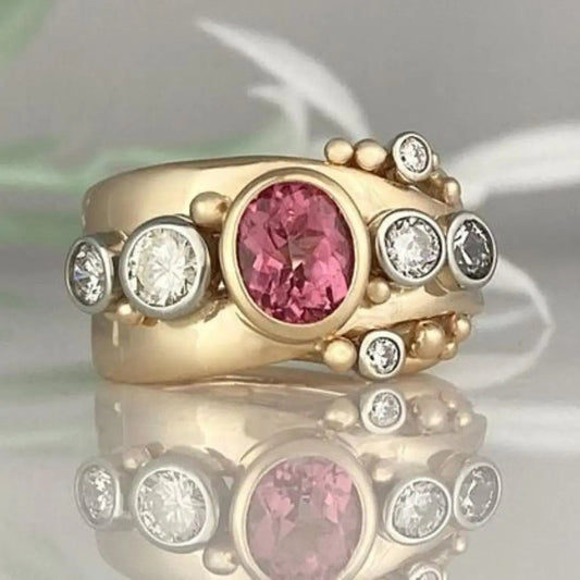 Anello Vintage Dorato con Zircón Rosso