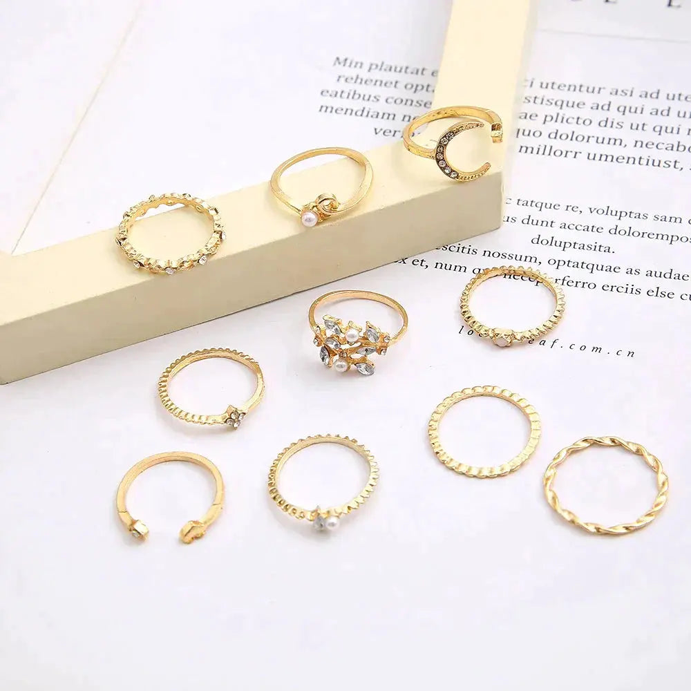 Confezione da 10 anelli placcati in argento e oro in stile bohémien