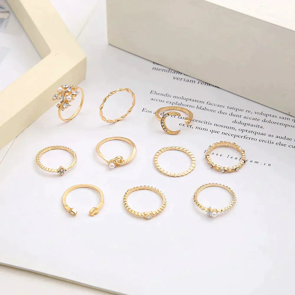 Set di 10 Anelli Placcati in Argento e Oro Stile Bohemien