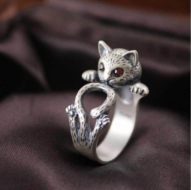 Anello regolabile dipinto a mano con gatto in argento sterling 925