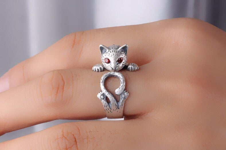 Anello regolabile dipinto a mano con gatto in argento sterling 925