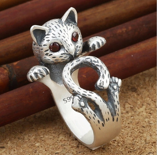 Anello regolabile dipinto a mano con gatto in argento sterling 925