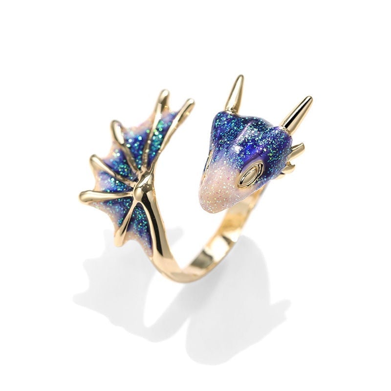 Anello drago regolabile in argento e smalto dipinto a mano