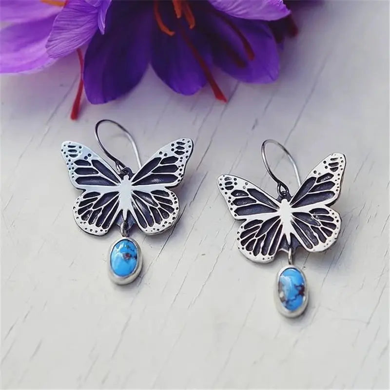 Orecchini Vintage in Argento e Pietra Blu a Forma di Farfalla