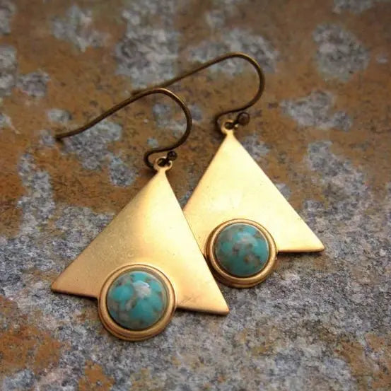 Orecchini a Triangolo Dorato con Pietre di Turchese Vintage
