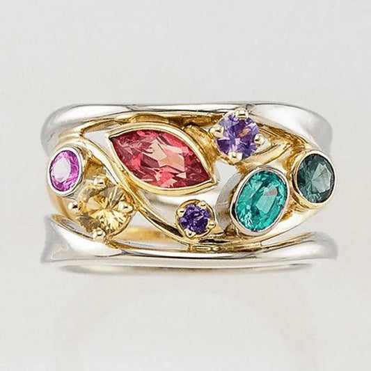 Anello vintage color oro e argento con zaffiri colorati