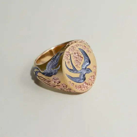 Anello Vintage Bastone d'Oro e Turchese con Usignolo
