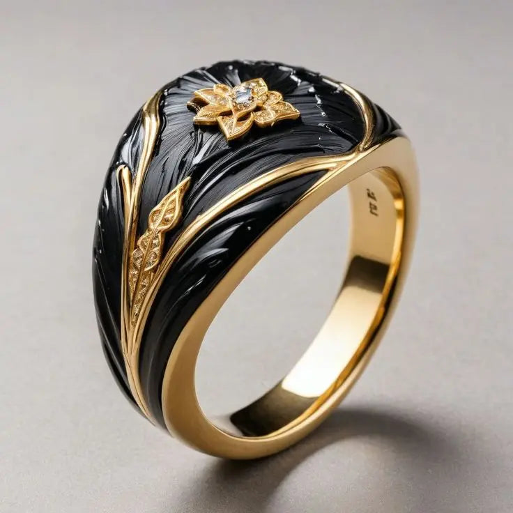 Anello in smalto nero con finitura dorata vintage