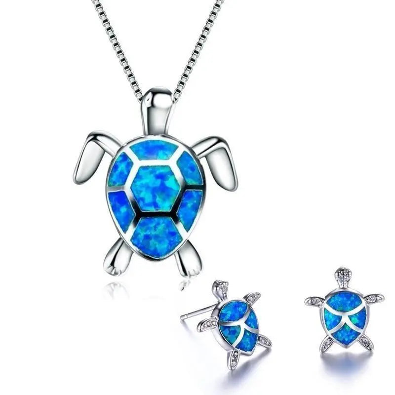 Set di Collana e Orecchini a Forma di Tartaruga Marina in Opale e Argento