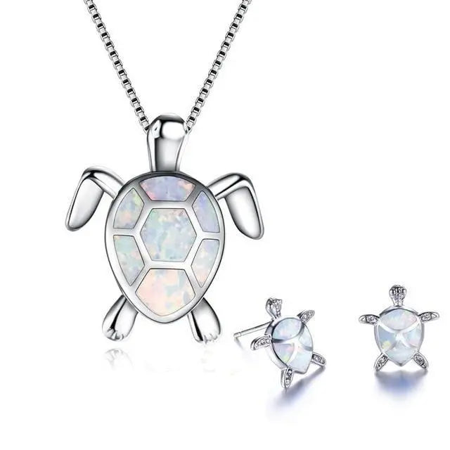 Set di Collana e Orecchini a Forma di Tartaruga Marina in Opale e Argento
