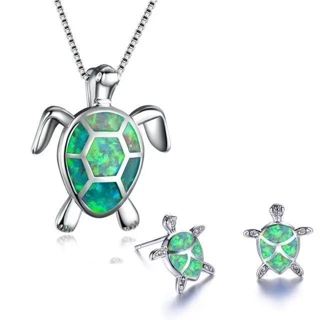 Set di Collana e Orecchini a Forma di Tartaruga Marina in Opale e Argento