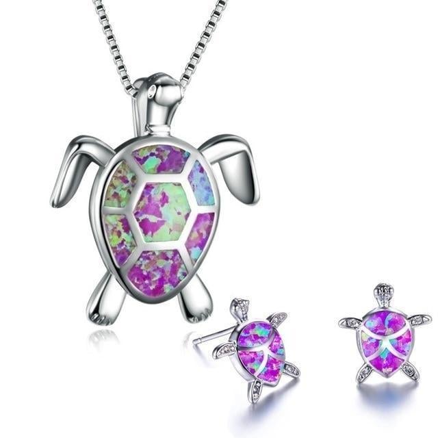 Set di collana e orecchini con tartarughe marine in opale