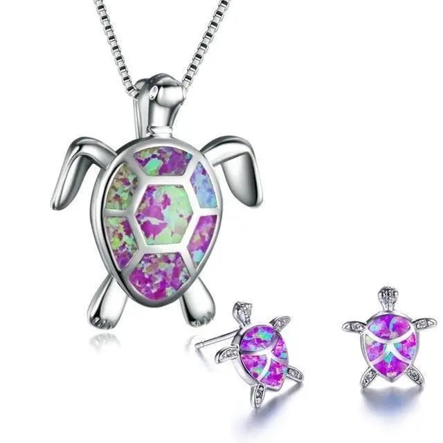 Set di Collana e Orecchini a Forma di Tartaruga Marina in Opale e Argento