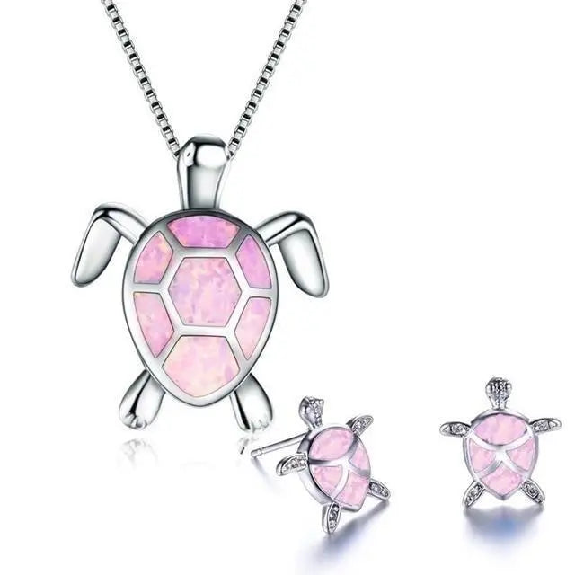 Set di Collana e Orecchini a Forma di Tartaruga Marina in Opale e Argento