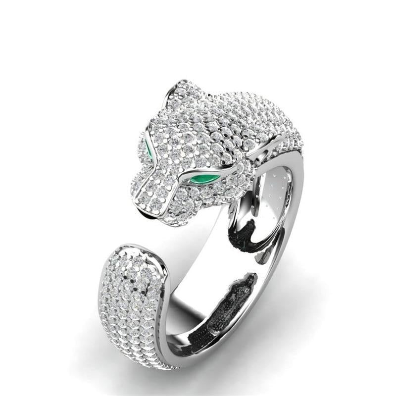 Anello Jaguar Regolabile in Argento 18K e Oro Rosa con Occhi in Zirconia Verde