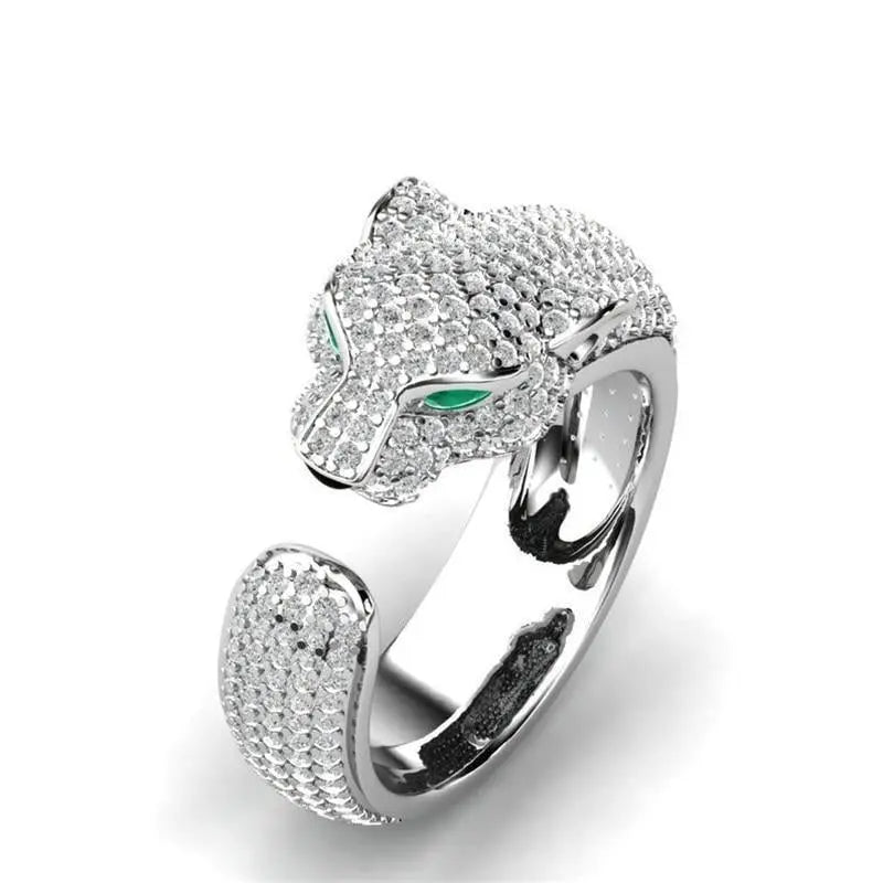 Anello Jaguar Regolabile in Argento 18K e Oro Rosa 18K con Occhi in Zirconia Verde
