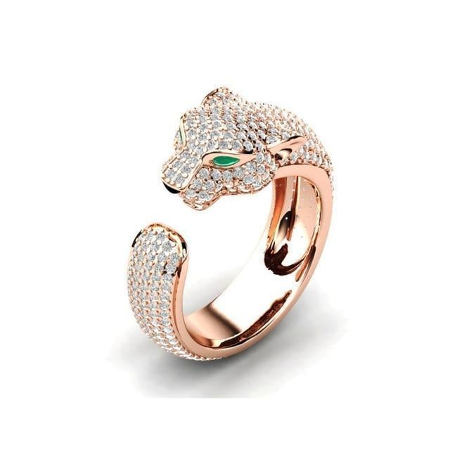 Anello Jaguar Regolabile in Argento 18K e Oro Rosa con Occhi in Zirconia Verde