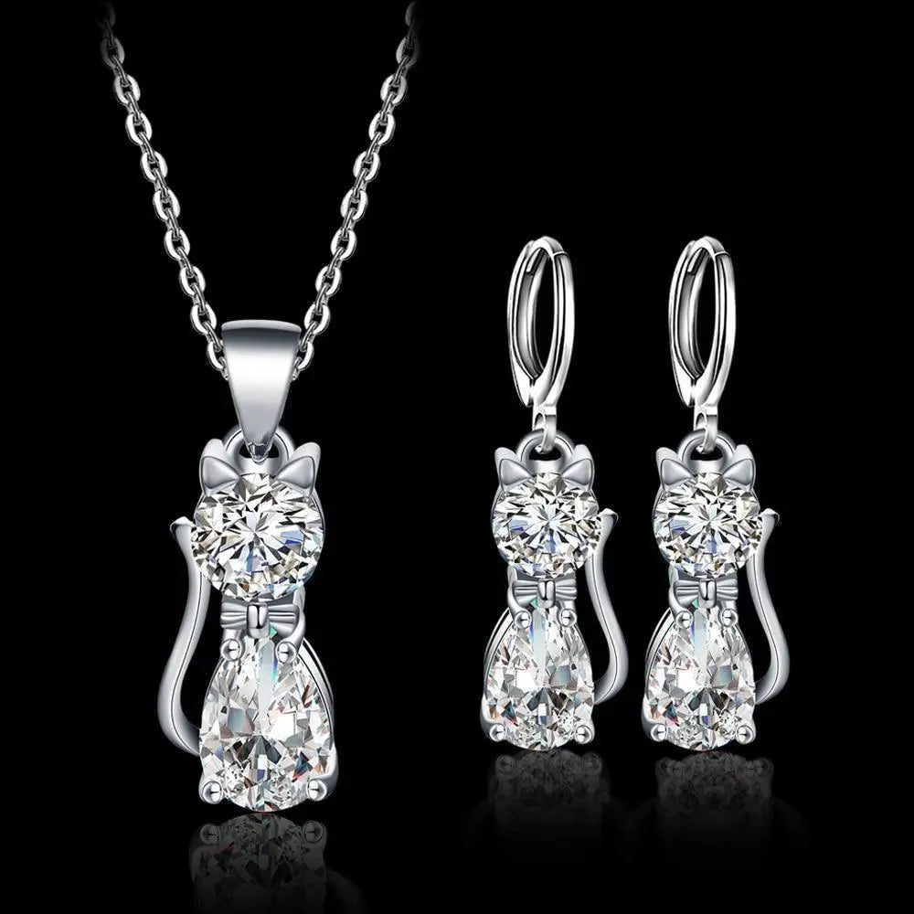 Set di Collana e Orecchini Happy Cats in Argento Sterling con Zirconia Bianca Lucidata