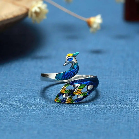 Anello regolabile con pavone dipinto a mano in argento sterling