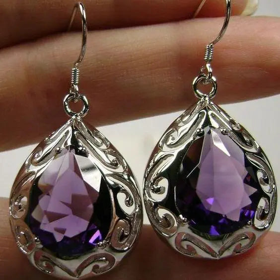Orecchini Vintage in Argento con Gocce di Cristallo Viola