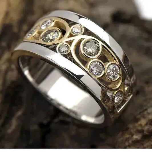 Anello Vintage in Oro e Argento con Quercia e Zirconi