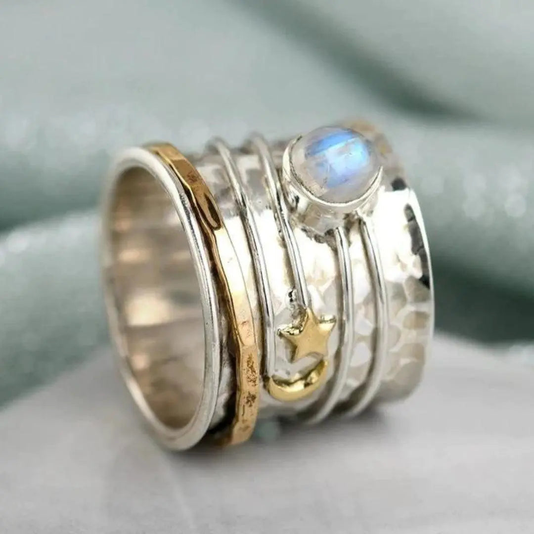 Anello con Pietra di Luna a Stella e Luna con Rotazione