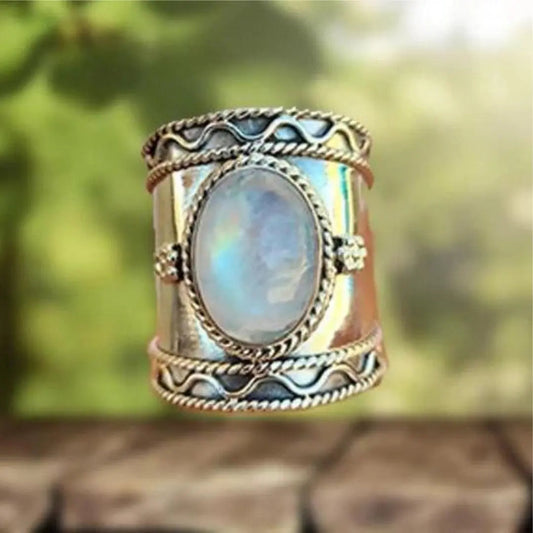 Anello in pietra di luna bohémien con banda larga