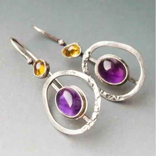 Orecchini boho rotondi con ametista in argento