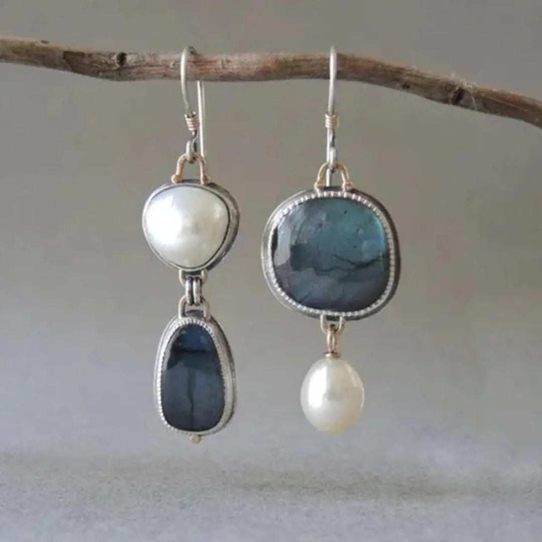 Orecchini di pietra naturale blu vintage con perle