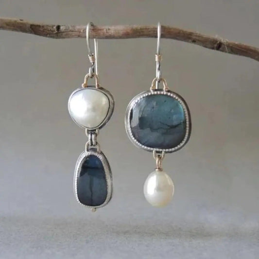 Orecchini di pietra naturale blu vintage con perle