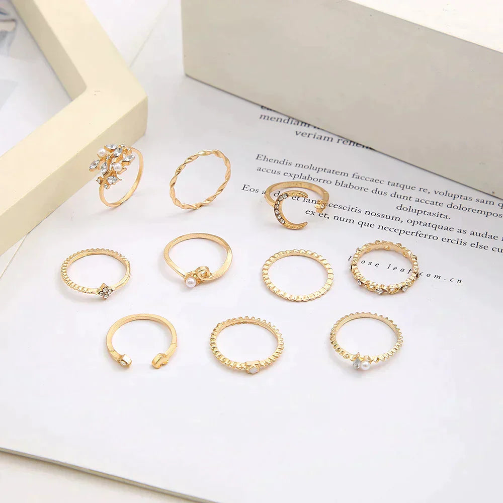 Confezione da 10 anelli placcati in argento e oro stile bohémien