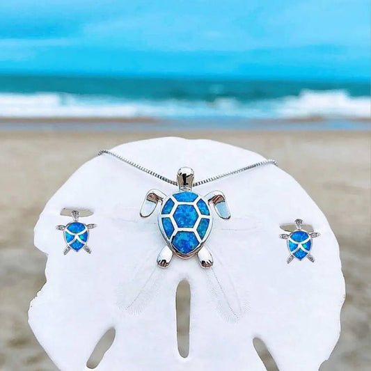 Set di Collana e Orecchini a Forma di Tartaruga Marina in Opale e Argento