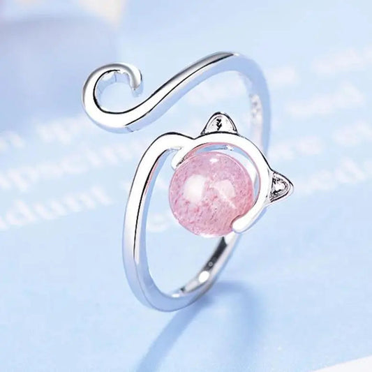 Anello Gatto in Argento 925 Sterling e Agata Rosa