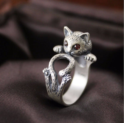 Anello regolabile dipinto a mano con gatto in argento sterling 925