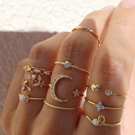 Confezione da 10 anelli bohemien placcati argento e oro