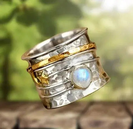 Anello con Pietra di Luna a Stella e Luna con Rotazione