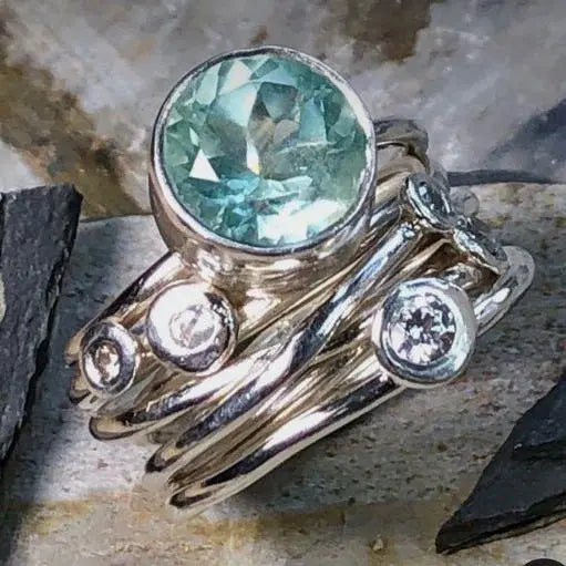 Anello placcato argento a più strati con cristallo vintage turchese