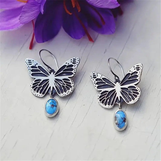 Orecchini Vintage in Argento e Pietra Blu a Forma di Farfalla