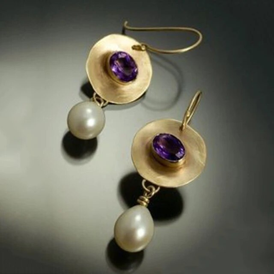 Orecchini Vintage con Dischi d'Oro, Perla e Pietra Viola