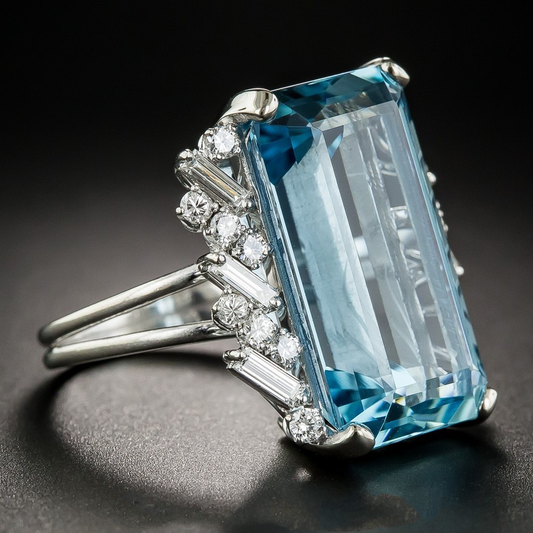 Anello vintage in argento con cristallo azzurro chiaro e zirconia