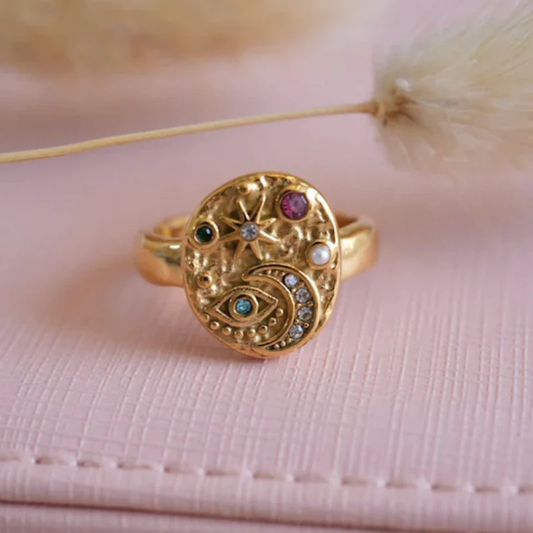 Anello Vintage Multicolore Incastonato con Pietre Dorato