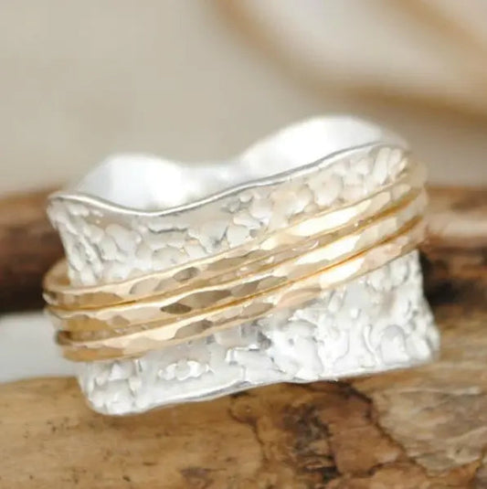 Anello sottile con giradischi vintage in oro e argento