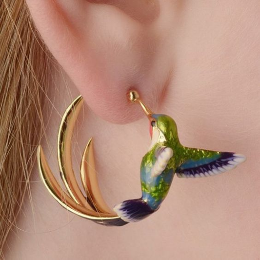 Orecchini a cerchio in smalto vintage con colibrì