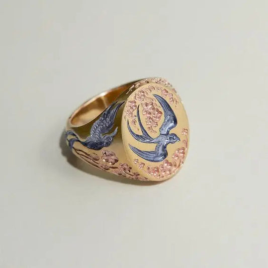 Anello Vintage Bastone d'Oro e Turchese con Usignolo
