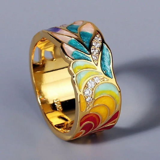 Anello con motivo floreale dipinto a mano in oro vintage